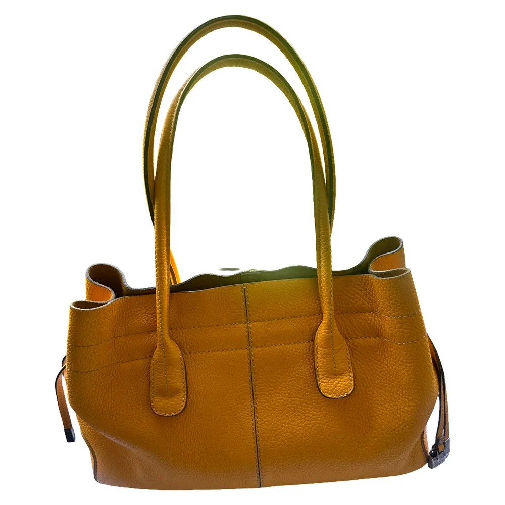 TODS D-Bag Tote Shoulder Bag Yellow Pebbled Leather Medium Shopper Satchel Italy